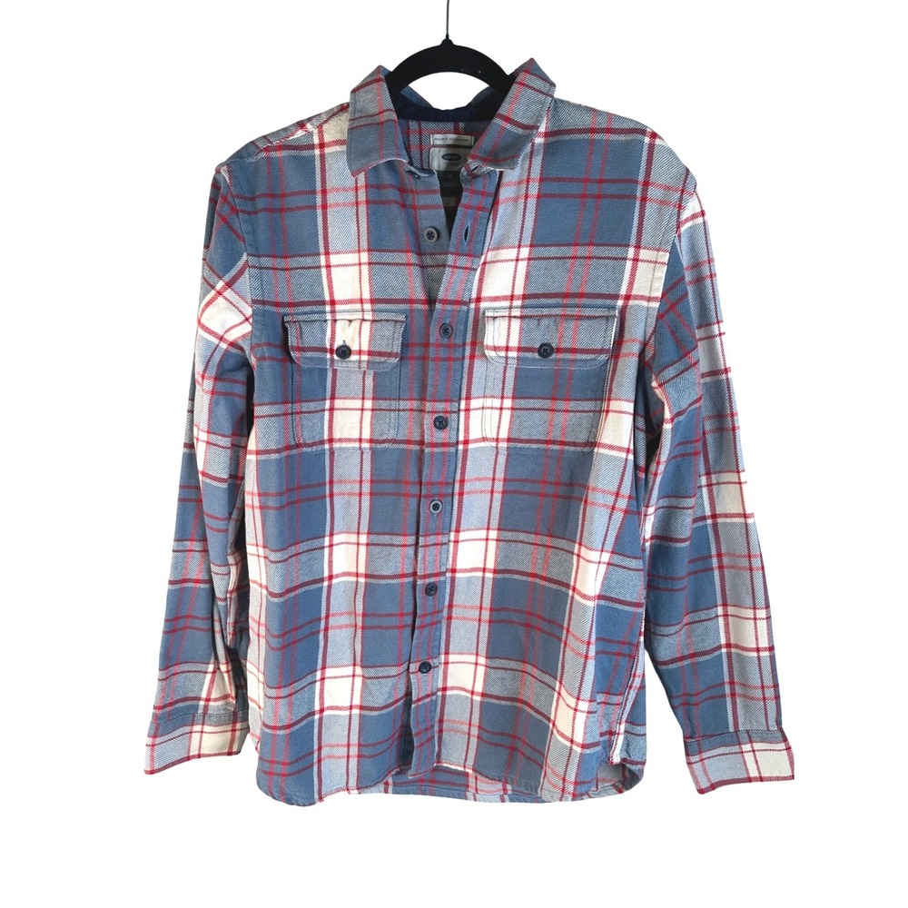 Old Navy Men's Blue Red Plaid Regular Fit Flannel Button Down Shirt Size Medium